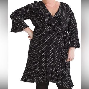 Adrianna Papell Pindot Printed Ruffle Wrap Black & White Dress. NWT! Sz 22W.